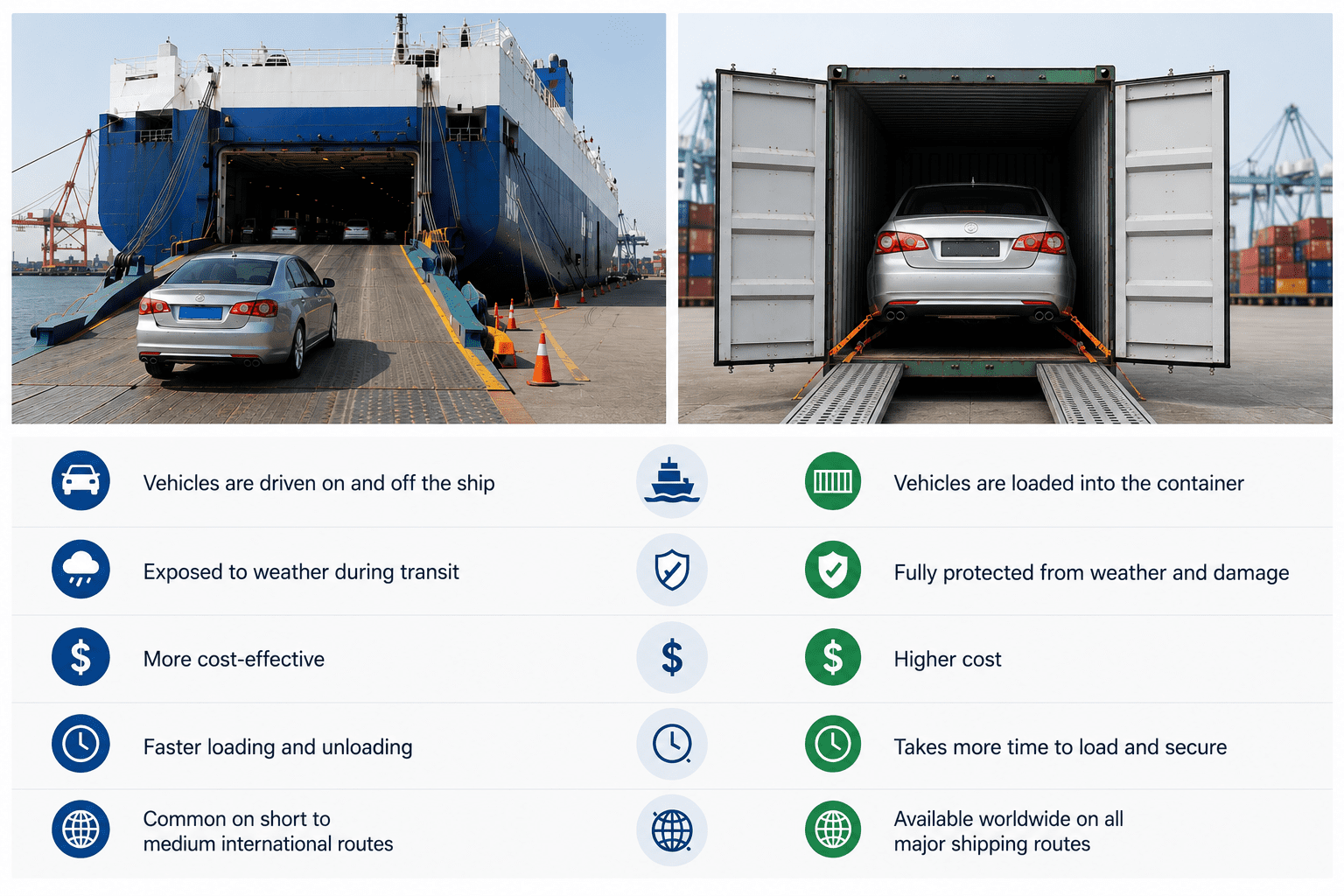 Difference between RoRo and container shipping methods