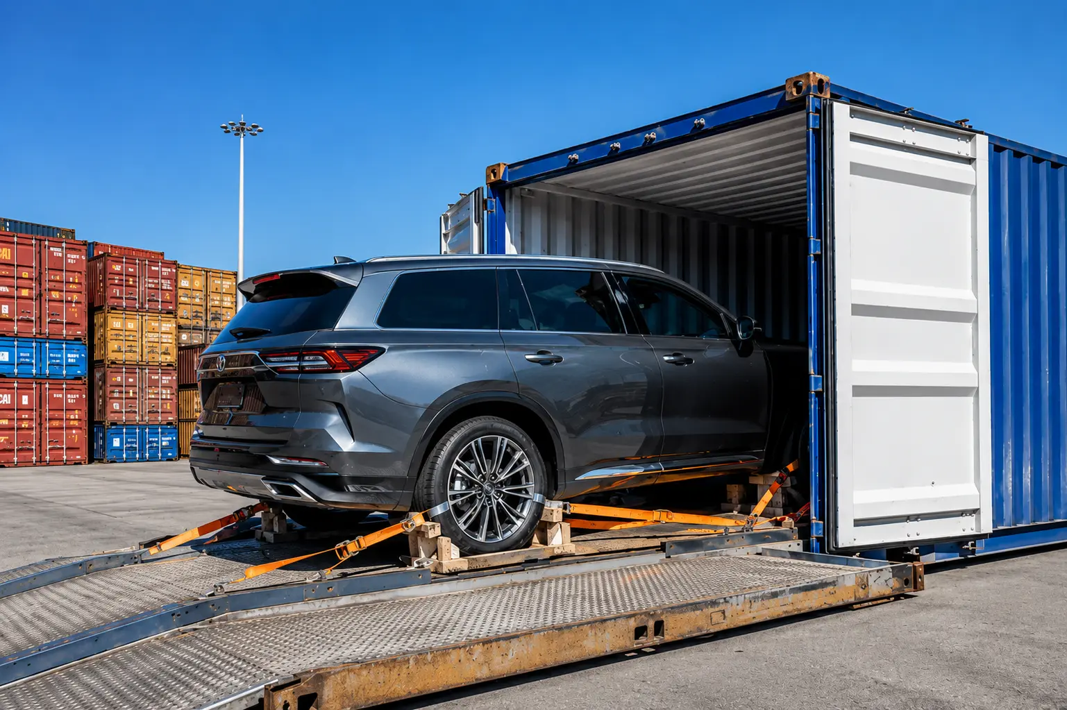 SUV container shipping UK passenger side vehicle loading port